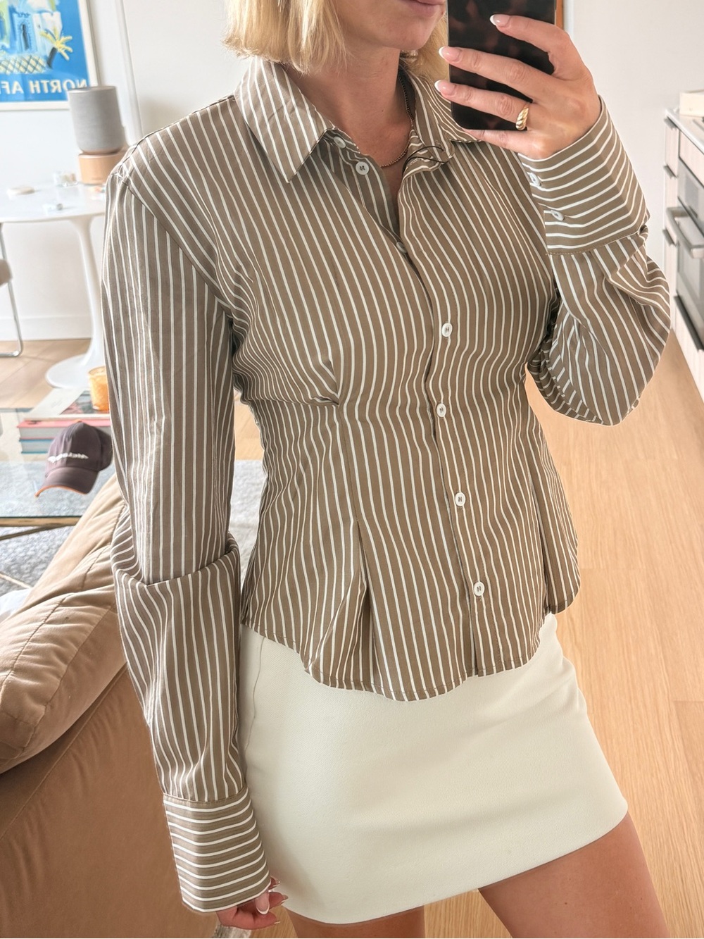 Striped fitted Button-Up Shirt - Taupe/White